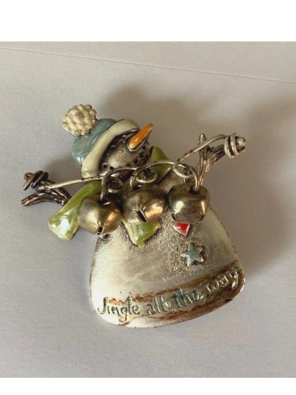 Vintage Tanya's Creations Silver-tone SNOWMAN w/ Bell Charms Brooch Pin J278